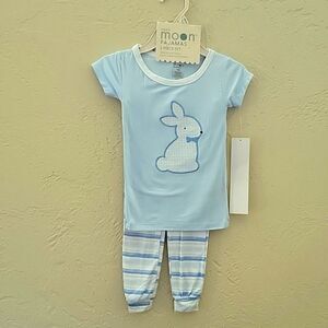 RABBIT MOON 2-PC LIGHT BLUE AND WHITE STRIPED BUNNY PAJAMAS, SZ 12 MONTHS - NEW!